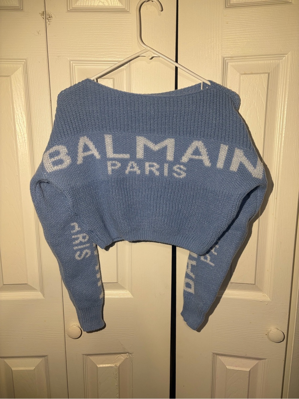 Balmain Blue Off-Shoulder Logo Knit Sweater - Picture 1 of 2